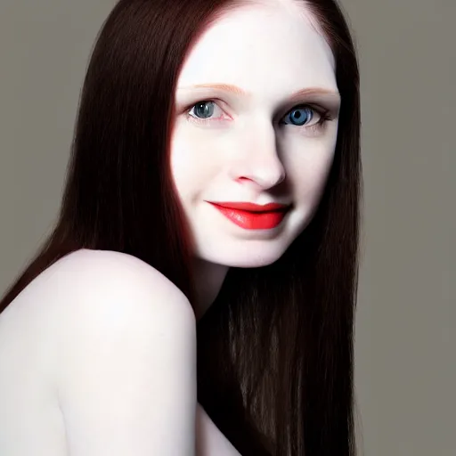 Image similar to portrait of a beautiful pale skin female with long black hair dark brown eyes gentle smiling expression elegant clothing photorealist