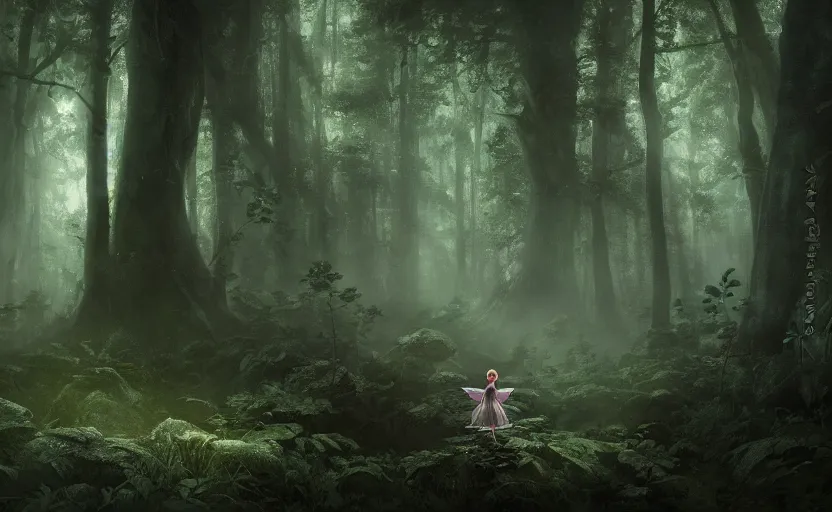 Prompt: A tiny fairy princess, in a dark forest, macro, cool tones, underexposed, overecast, mysterious matte painting by greg rutkowski and marc simonetti and Ivan Shishkin, 4k