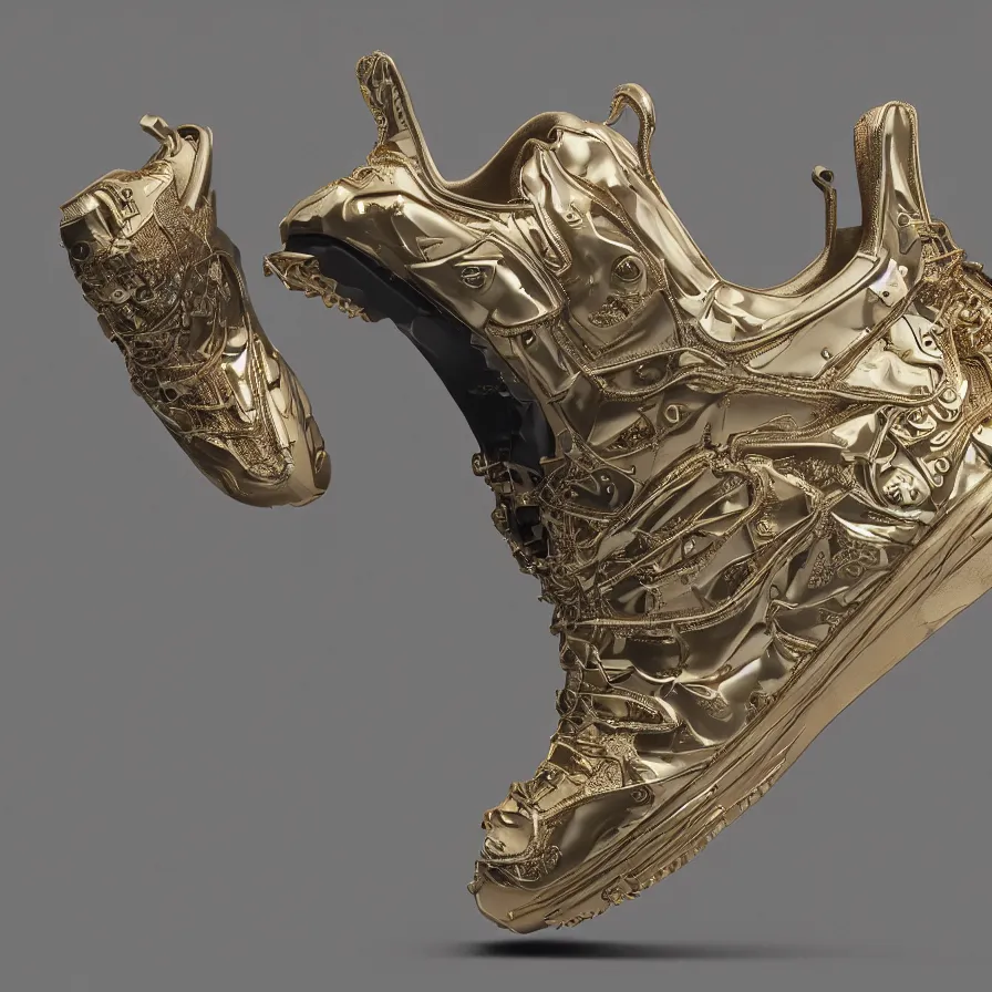 Image similar to futuristic balenciaga sneakers, nft art, highly detailed, hyper realistic, a ton of bussdown iced gold bling in wallace & gromit strata - cut claymation, ultra realistic, concept art, intricate details, serious, highly detailed, photorealistic, octane render, 8 k, unreal engine