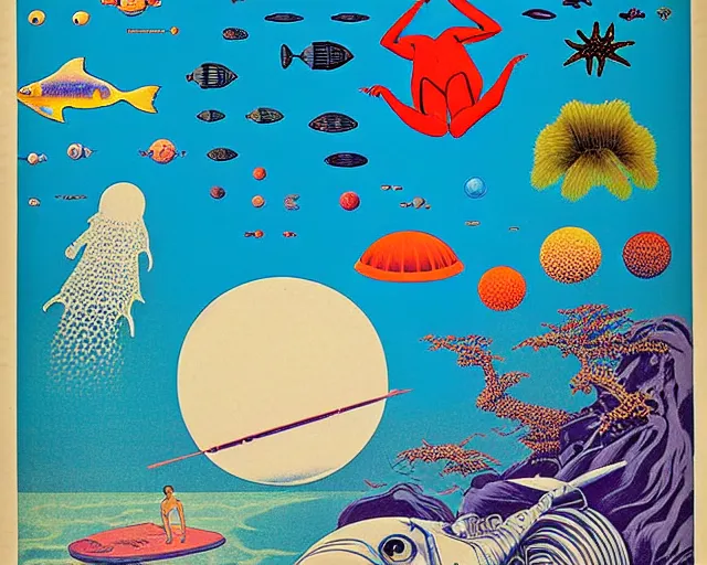 Image similar to 1976 science fiction poster, cut out, nouvelle vague, beach on the outer rim, kabuki theater, tropical sea creatures, aquatic plants, drawings in style of Monty Python Flying Corcus, composition William S Boroughs, written by Neil Gaiman