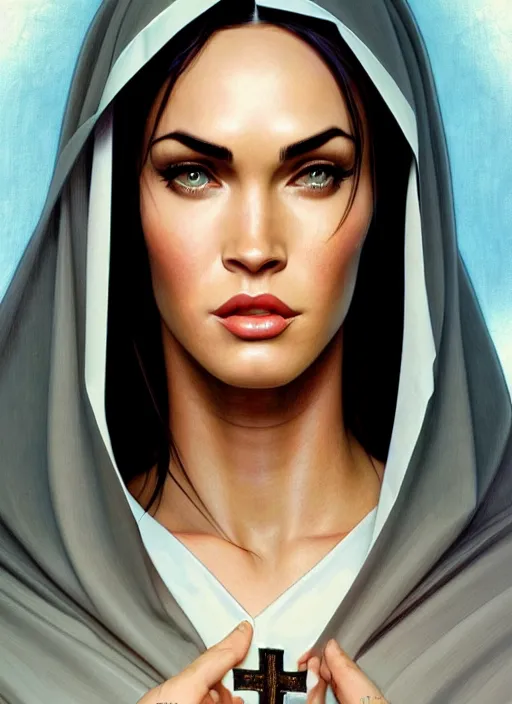 Image similar to portrait of megan fox as a sultry nun, catholic, church, bible, christian, intricate, headshot, highly detailed, digital painting, artstation, concept art, sharp focus, cinematic lighting, illustration, art by artgerm and greg rutkowski, alphonse mucha, cgsociety