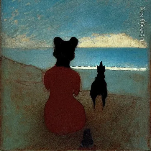 Prompt: a woman and her black and brown chihuahua looking out at the ocean by odilon redon