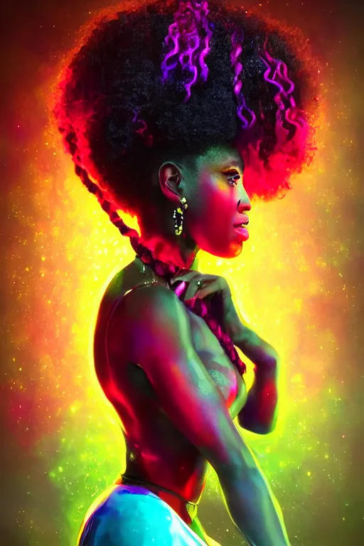 Prompt: stunning breathtaking portrait of an afro goddess, afrofuturism, braided hair, volumetric lighting, vibrant color explosion in bokeh background, artstation, smooth