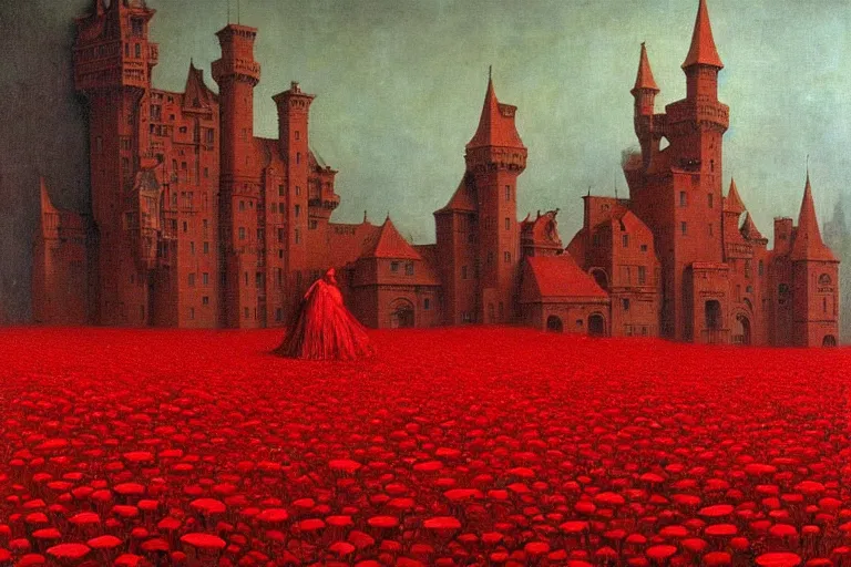 Image similar to only with red, red flowers of different types, a red tiger, a castle in the background, medieval demons dance over the flowers, an ancient path, in the style of beksinski, part by hopper, part by rodcenko, part by hofbauer, intricate composition, red by caravaggio, insanely quality, highly detailed, masterpiece, red light, artstation