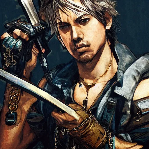 Prompt: portrait of a hero holding his sword in front of his face by yoji shinkawa, high quality, extra details, realism, ornate, colored, golden chain, blood, white skin, short hair, brown eyes, vivid, sunlight, dynamic, american man, freedom, spray paint