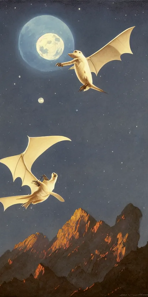 Image similar to a white bat, flying against a night sky, mountain in the background, moonlight, denoised, very detailed, painted by james gurney, norman rockwell, tom bagshaw