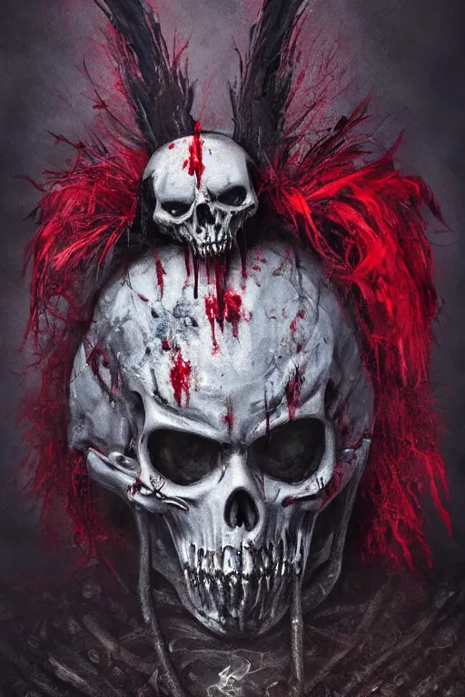 Image similar to the ghost - spirit of the grim - hatter wears the scarlet skull armor and blood headdress, midnight fog - mist!, dark oil painting colors, realism, cinematic lighting, various refining methods, micro macro autofocus, ultra definition, award winning photo