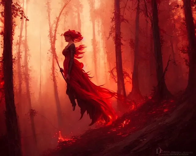 Prompt: red forest, fire, deep focus, d & d, fantasy, intricate, elegant, highly detailed, digital painting, artstation, concept art, matte, sharp focus, illustration, hearthstone, art by artgerm and greg rutkowski and alphonse mucha