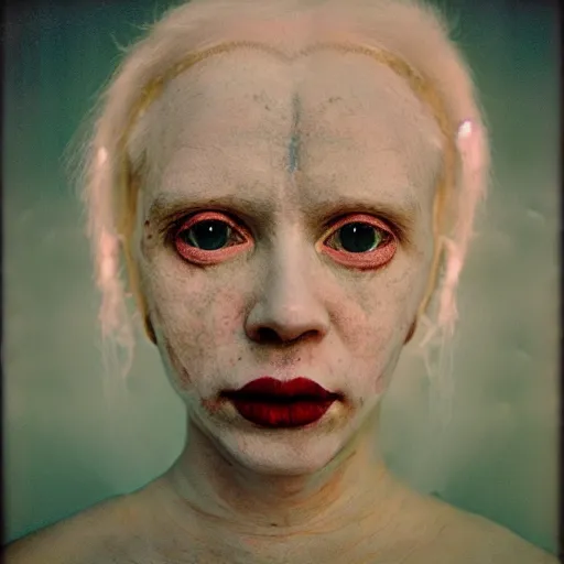 Image similar to realistic expired kodak film portrait of albino india woman tentacled creature mix, celestial, hyperrealism, hypermaxiymalism, photorealistic, detailed, atmospheric, 8 k, award winning photography, cinematic