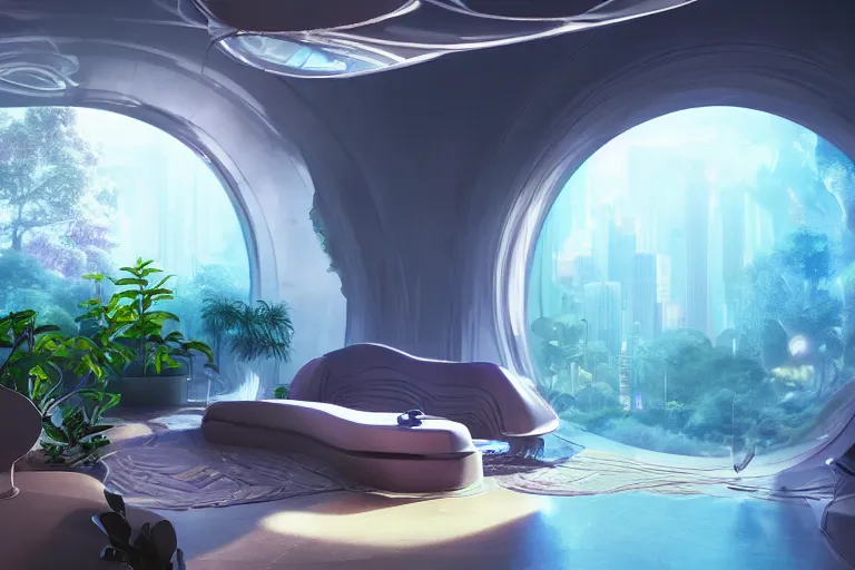 Image similar to extremely detailed awe stunning beautiful futuristic smooth curvilinear apartment interior, translucent orbs, hyper real, house plants, 8k, colorful, 3D cinematic volumetric light, atmospheric light, studio ghibli inspired, high contrast, epic composition, sci-fi, dreamlike, surreal, angelic,