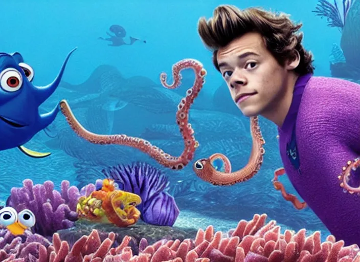 Image similar to film still of harry styles swimming with an octopus in the new finding nemo movie, 4 k