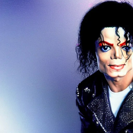 Image similar to Michael Jackson with shiny red eyes, deep blue background