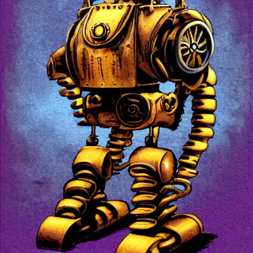 Prompt: steampunk robot that emits purple gas, by tim bradstreet