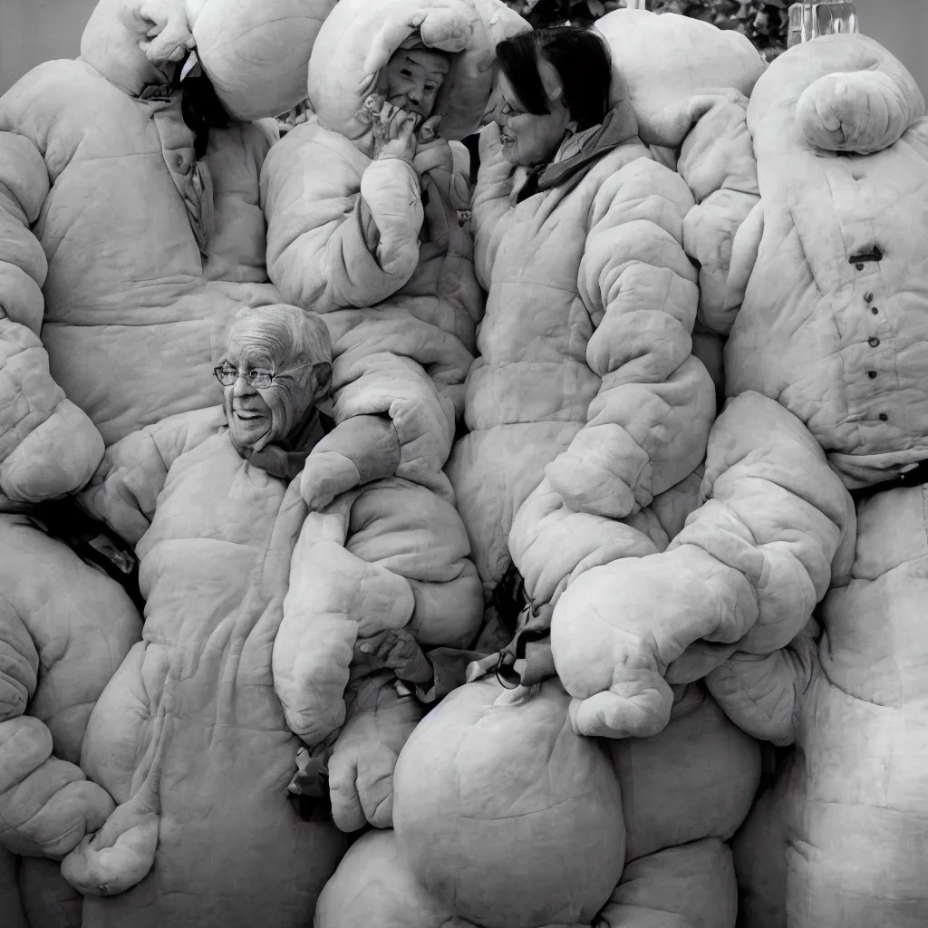 Image similar to a martin parr photo of a grandpa couple, wearing michelin man costumes