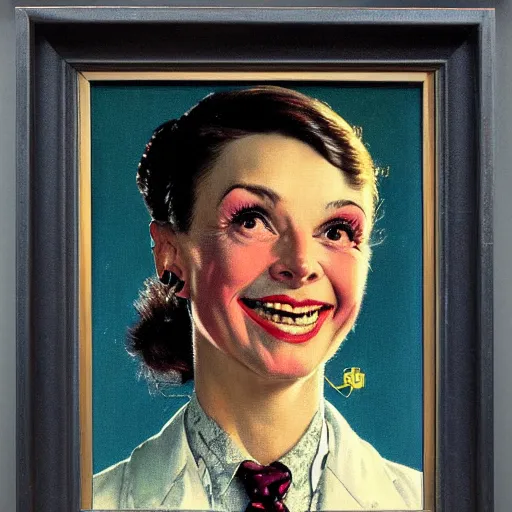 Image similar to portrait of a dapper cyberpunk woman, with a smile that hurts her face, by norman rockwell