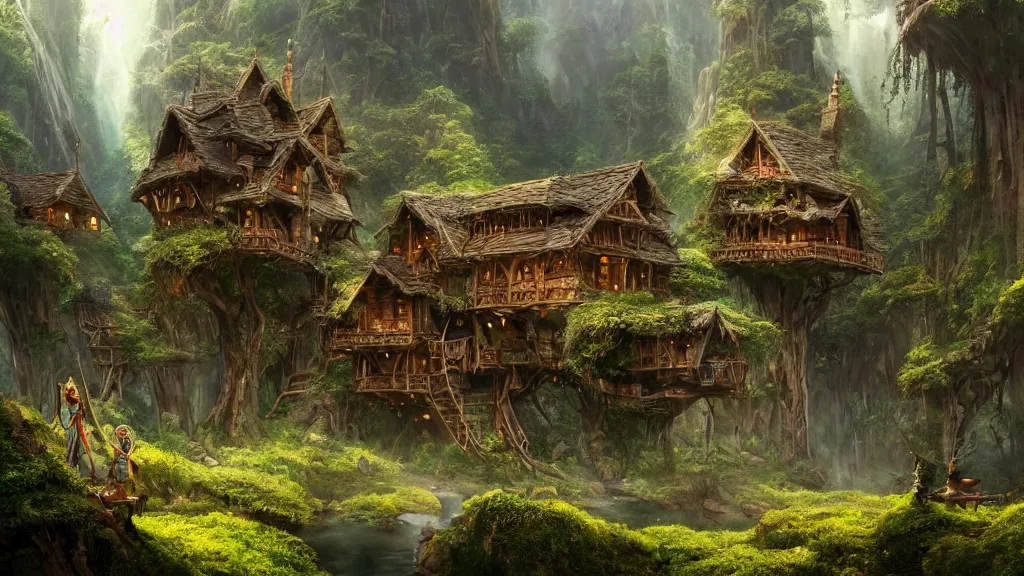 Image similar to elves living in elven treehouses, beautiful landscape, dramatic lighting, cinematic, extremly high detail, photorealistic, cinematic lighting, post processed, concept art, artstation, matte painting, style by greg rutkowsky, by beautiful walt disney animation films of the late 1 9 9 0 s and thomas cole in hd, perfect readability