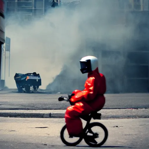 Image similar to a photo of a female wearing a hazmat suit, riding a bike, side-view, smoke in the background, filthy streets, broken cars. Vines growing. Jpeg artifacts. Full-color photo. Color color color color color. Award-winning photo. OM system 12–40mm PRO II 40mm, 1/100 sec, f/2 8, ISO 800