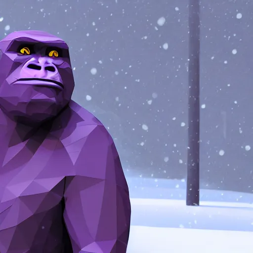 Prompt: a purple gorila in snow, low poly scene render