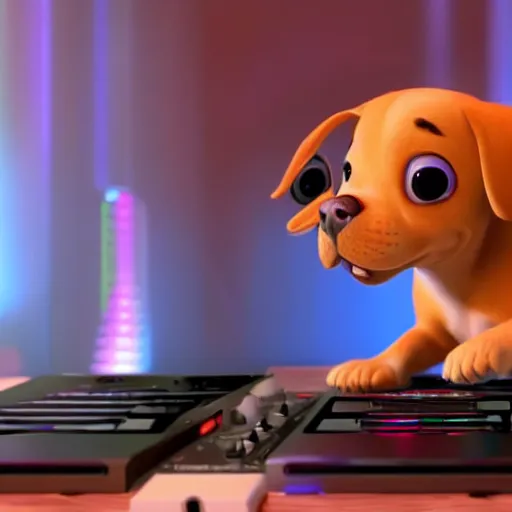 Prompt: puppy as a happy DJ, 8k, by Pixar