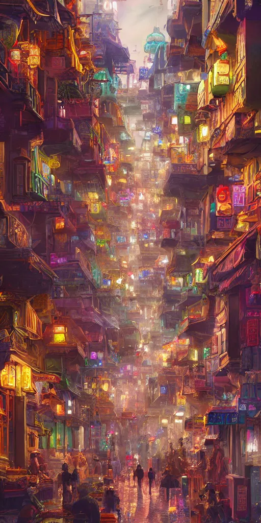 Image similar to Street view of a magical eastern civilization at day, built around ocean, full with people, a lot of lights, huge architectures. Trending on artstation