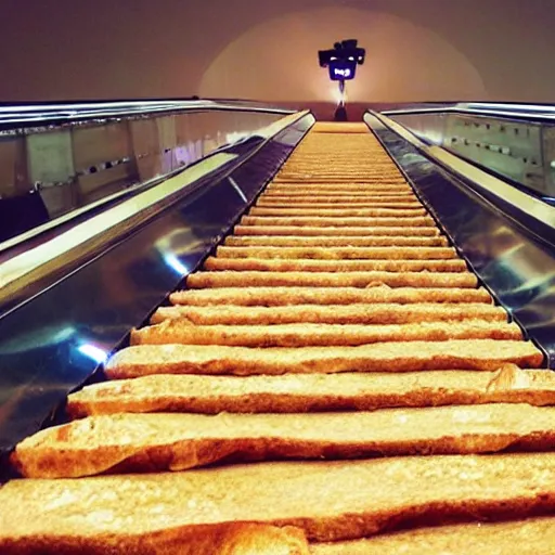 Prompt: escalator made of bread leading to the moon, bread, hyper realistic, escalator, highly detailed