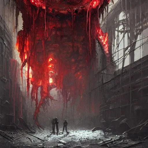 Image similar to concept art by greg rutkowski, hideous and vicious monsters made of reddish ooze, roaming the colony, looking rabid, in a claustrophobic, futuristic and brutalist environment, frightening and creepy atmosphere, scifi, highly detailed portrait, digital painting, artstation, concept art, smooth, sharp foccus ilustration, artstation hq