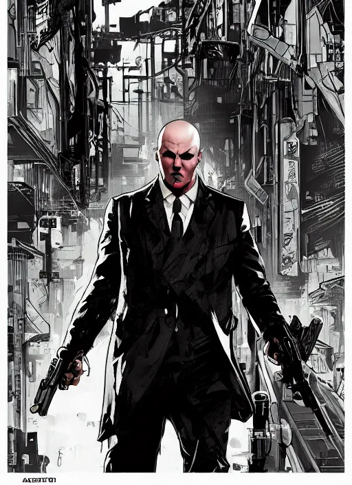 Prompt: agent 4 7. cyberpunk assassin. moody industrial setting. portrait. illustration, pop art, art by ashley wood and alphonse mucha and laurie greasley and josan gonzalez. cinematic. realistic proportions. artstationhq