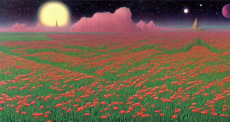 Prompt: a beautiful painting of a large perfectly cut hedge garden a field of flowers by moebius, underneath a star filled night sky, harold newton, zdzislaw beksinski, donato giancola, warm coloured, gigantic pillars and flowers, maschinen krieger, beeple, star trek, star wars, ilm, atmospheric perspective