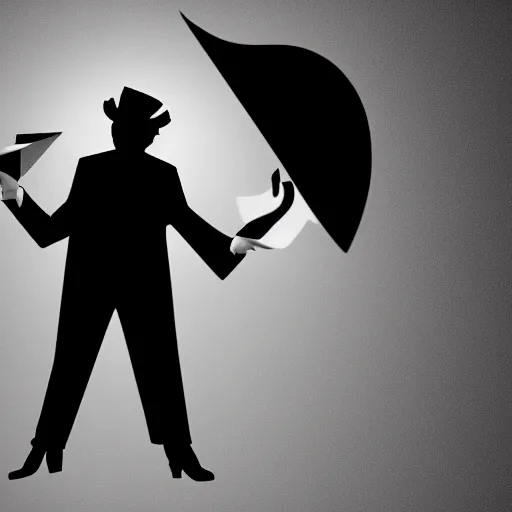 Image similar to mysterious donald trump in black suit and black hat, he has a paper aeroplane!!, mysterious, 4 k, highly detailed, digital art, strong shadows, high contrast, epic scene, atmospheric, blue colours, award winning photo