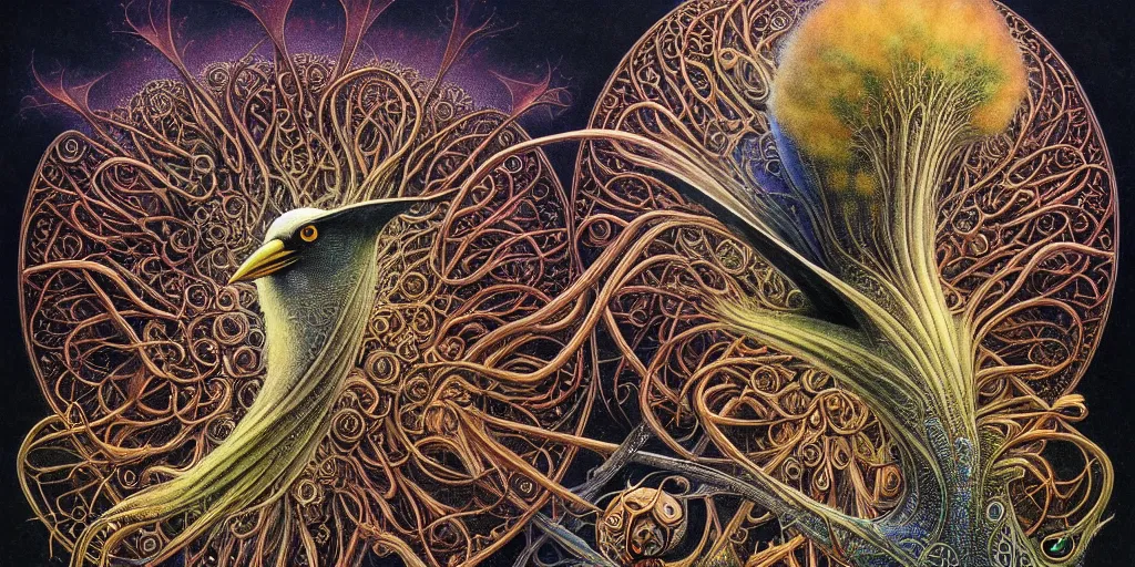 Image similar to artistic drawing of a crow, made of engrenage, surrealism by roger dean and andrew ferez, art forms of nature by ernst haeckel, divine chaos engine, symbolist, visionary, art nouveau, botanical fractal structures, organic, detailed, realistic, surreality