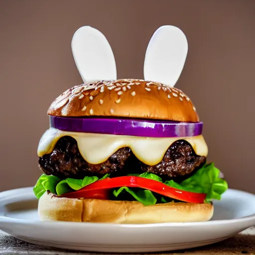 Image similar to burger but the buns are a white bunny with black spots on their face and nose, 50mm, professional photography,