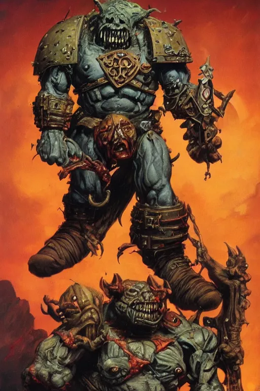 Image similar to a gruesome portrait of an Ork from Warhammer 40k, scifi art by Frank Frazetta and Boris Vallejo, highly detailed, trending on artstationhq