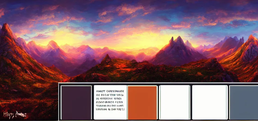 Image similar to vast mountain landscape, craggy mountains, magic the gathering, three - colors, three - color color palette, panoramic, wide angle, horizon, highly detailed