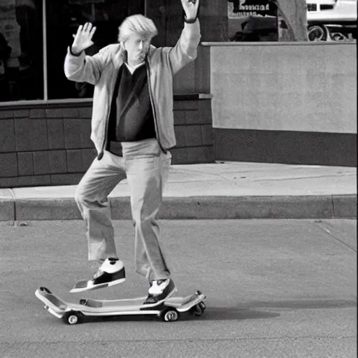 Prompt: donald trump skateboarding in a mcdonalds restaurant parking lot in 1 9 8 7