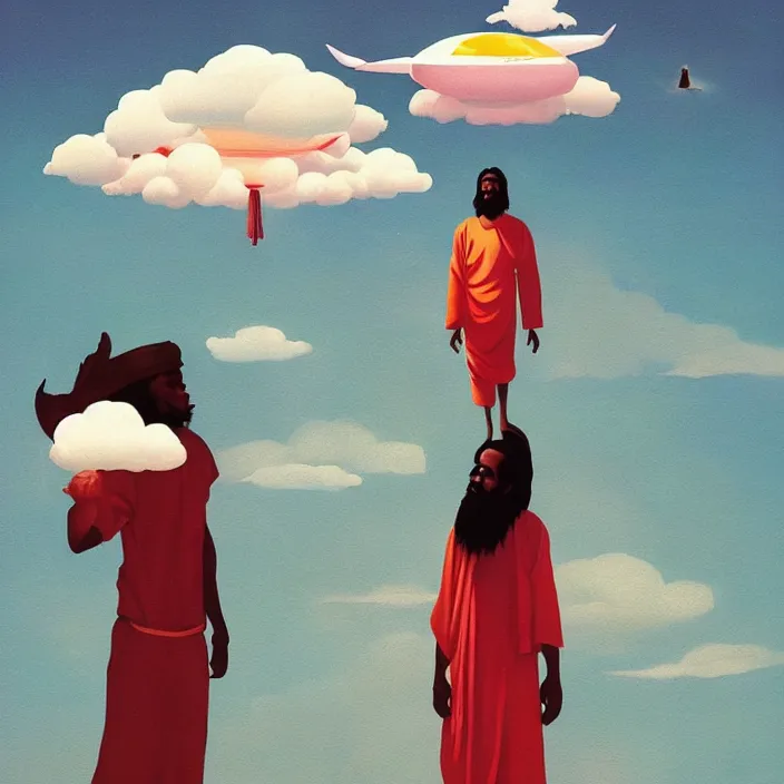 Image similar to UFO hovering over an African Jesus , clouds, colorful, painting by Hsiao-Ron Cheng,