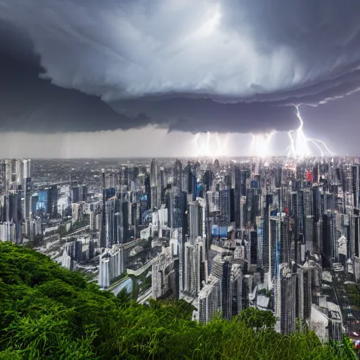 Prompt: Wide shot of colossal futuristic megacity towering across the landscape, thunder storm, EOS-1D, f/16, ISO 200, 1/160s, 8K, symmetrical balance, in-frame