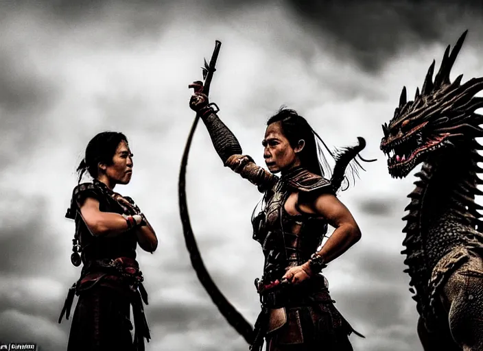 Image similar to scared female warrior who came only to look at the real dragon, symmetrical, cinematic, real photography