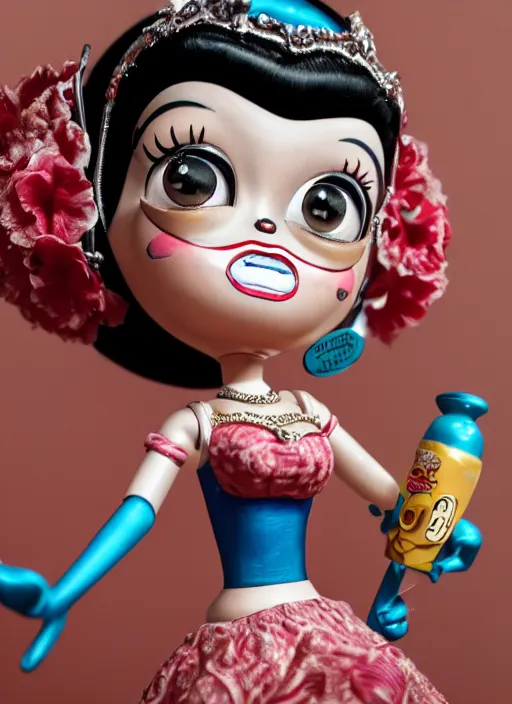 Prompt: closeup of a tin toy betty boop, depth of field, zeiss lens, detailed, symmetrical, centered, fashion photoshoot, by nicoletta ceccoli, mark ryden, lostfish, earl nore, hyung tae, frank frazetta, breathtaking, 8 k resolution, extremely detailed, beautiful, establishing shot, artistic, hyperrealistic, octane render