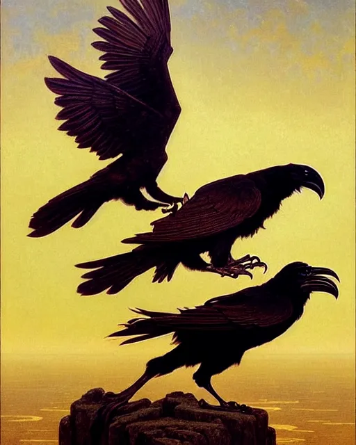 Image similar to two fighting ravens, emotionally evoking symbolic metaphors, fantasy, ornamental, intricate, elegant, highly detailed digital painting, artstation, concept art, painterly, golden ratio, sharp focus, illustration, art by John William Godward and Alphonse Mucha and Zdzisław Beksiński,