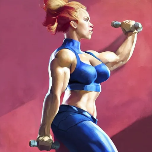 Image similar to greg manchess portrait of scarlett johansson as roided thick very muscular weightlifter zarya from overwatch with short blond hair and ponytail, fantasy, medium shot, asymmetrical, profile picture, organic painting, sunny day, matte painting, bold shapes, hard edges, street art, trending on artstation, by huang guangjian and gil elvgren and sachin teng