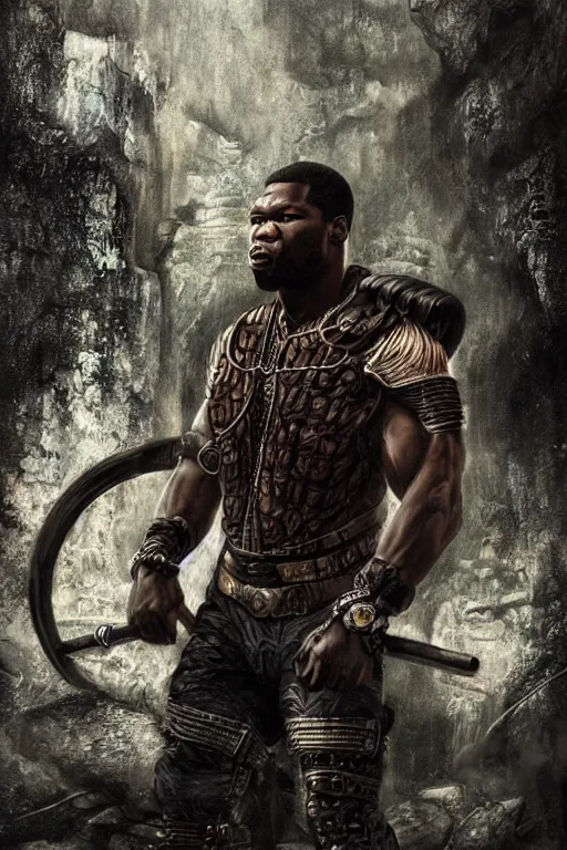 Image similar to highly detailed elden ring portrait photo of a 5 0 cent in a scenic dystopian environment, hyperrealistic illustration by william didier - pouget