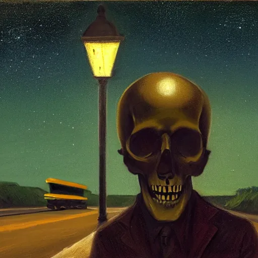 Image similar to a portrait painting of a lonely man with a skull as his head waiting for the bus at night, close up of the man, green dramatic and cinematic light from the streetlight, the sky is full of stars, in the style of edward hopper, 4 k,