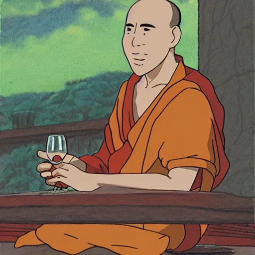 Prompt: studio ghibli image of a monk drinking wine