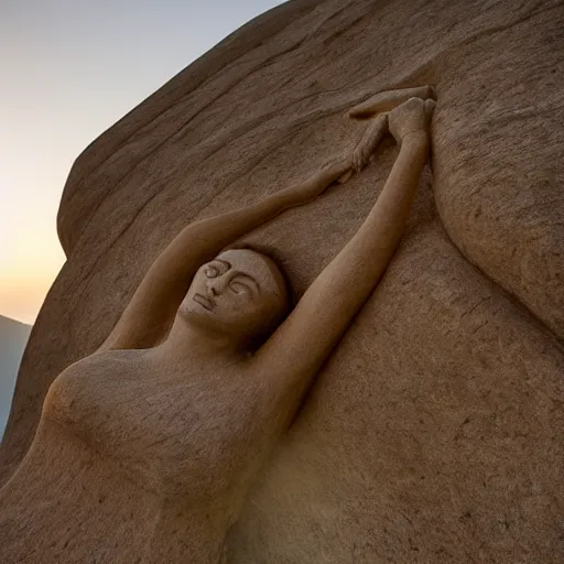 Prompt: a detailed colossal magnificent stone sculpture carved from the top of a massive mountain of an elegant woman lying flat on the ground with one hand raised to the sky, fine detail, sunrise on the horizon in the background, stone hand raised up, 8 k, art by meera mukherjee and ramkinker baij