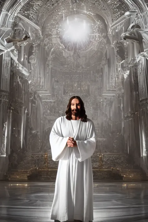 Image similar to jesus christ wearing a white robe strikes a dance pose as the world ends around him, intricate, hyper detailed, accent lighting, dramatic light, 4 k octane render