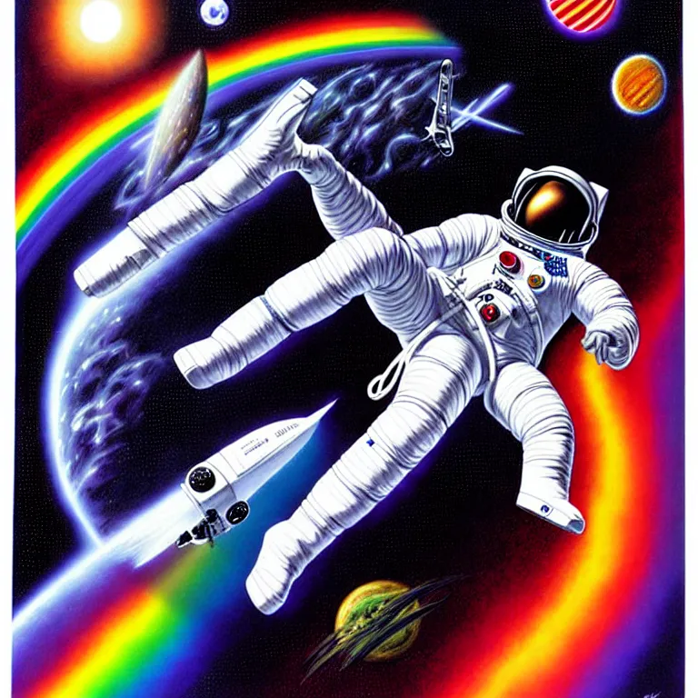 Image similar to astronaut at the rainbow bridge. paul gulacy. philip caza. artgerm.