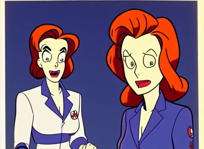 Image similar to dana scully on the real ghostbusters, animation cel, anime, sharp detail, animation cel, thin linework, in the style of don bluth, bruce timm, stephen silver, studio trigger
