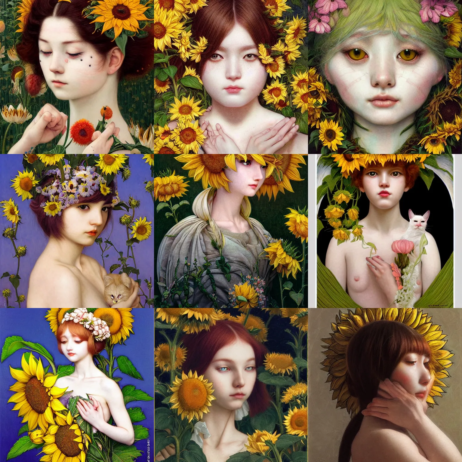 Image similar to white cat girl, botanical, sunflower, portrait face, colorful, frantisek kupka, intricate, miles johnston, kuroda seiki, cynical realism, ozabu, john william godward, painterly, yoshitaka amano, moebius, miles johnston, louise zhang, james jean, mark ryden lowbrow pop surrealism art style