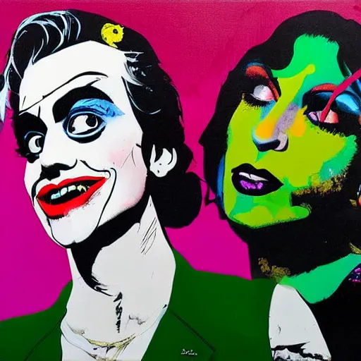 Image similar to mimmo rottela and banksy as joaquin phoenix skinny joker holding hand lady gaga harley queen, photorealistic, intricate details, pop art image.