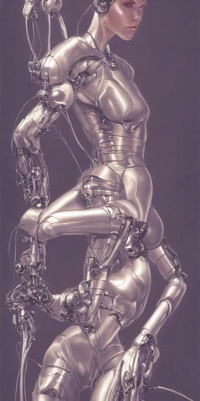 Prompt: beauty Blade Runner woman, robotic arms, cyberpunk, lots of cables and wiring, electrical details, trending on artstation, by Hajime Sorayama and Boris Vallejo